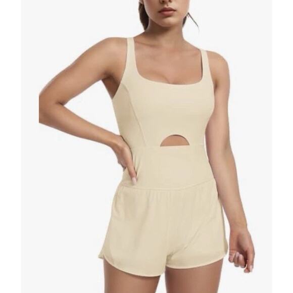 Unbranded Pants - Womens Workout Romper One Piece Bodysuit Shorts Jumpsuit Gym Yoga Athletic Beige